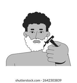 Black man using shaving cream and razor to groom beard outline illustration. Skin routine. African american male hygiene 2D line character isolated on white. Monochrome vector ink linear image
