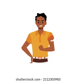 Black Man Vaccinated For COVID Show His Bicep With Bandage On It. Man After Vaccine Shot, Face Cartoon Illustration.