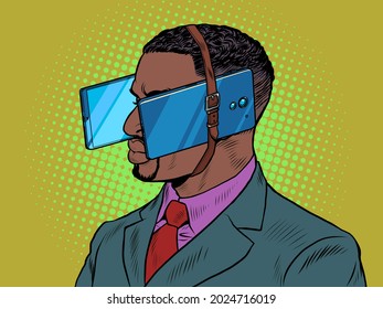 Black man in virtual reality. Dependence on gadgets