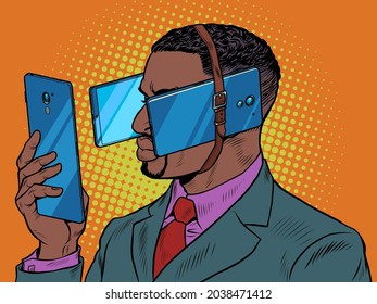 Black man in virtual reality. Dependence on gadgets