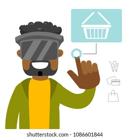 A black man in virtual reality headset doing online shopping. Concept of virtual reality technology, technology development and ecommerce. Vector cartoon illustration isolated on white background.