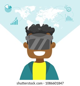 Ein schwarzer Mann in Virtual-Reality-Headset mit einer Karte und Daten projiziert. Konzept der Virtual-Reality-Technologie und künftige Technologieentwicklung. Vektorgrafik einzeln auf weißem Hintergrund