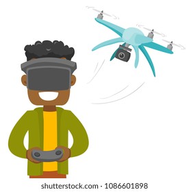 A black man in virtual reality headset with a remote controle and a drone. Virtual reality technology used to control the flight of a drone. Vector cartoon illustration isolated on white background.