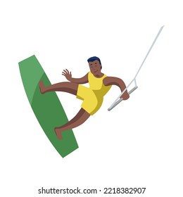 Black man wakesurfing on white background. Male surfer holding rope, water sport cartoon vector illustration. Summer leisure, recreational ocean outdoor activities concept