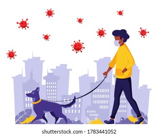 Black man walking with dog during pandemic. Black man in face mask. Pandemic, quarantine rules. Outdoor activities. Vector illustration in flat style.