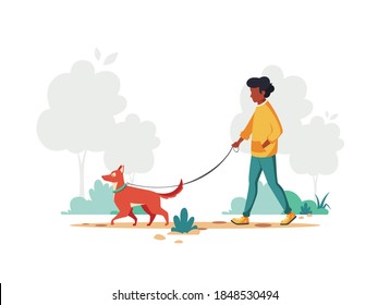 Black man walking with dog. Outdoor activity concept. Vector illustration.