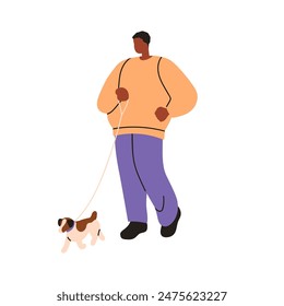 Black man walking dog outdoor. Pet owner holding leash, leading cute little puppy. Male going with miniature breed companion pup, tiny doggy. Flat vector illustration isolated on white background