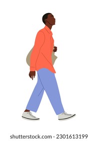 Hombre negro caminando por un lado. Hombre afroamericano vestido con un traje informal inteligente. Un tipo elegante de moda callejera moderna. Caricatura masculina. Ilustración vectorial realista aislada en fondo blanco