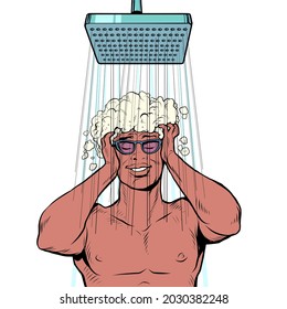 A Black Man Washes His Hair In The Shower. Businessman Daily Routine