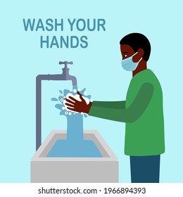 A black man wearing face mask and washing his hands in the sink concept vector. Washing hands under faucet with soap and water. Virus and germs prevention healthcare in flat design.