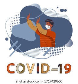 Black man wearing face medical mask show stop gesture against spreading covid19. Blue abstract vector elements at background. Stop world epidemy concept. Isolated cartoon character in flat style