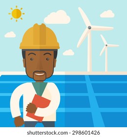 A black man wearing hardhat smiling under the heat of the sun with solar panels and windmills. A Contemporary style with pastel palette, soft blue tinted background with desaturated clouds. Vector