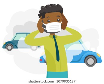 Black man wearing mask because of toxic air pollution while standing on the background of car with traffic fumes. Vector cartoon illustration isolated on white background. Horizontal layout.