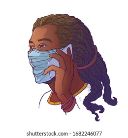 Black man wearing medical protection face mask and speaking on the phone. Consider social distancing as a protectionagainst covid-19. Painted sketch, isolated on a white background. EPS10 vector.