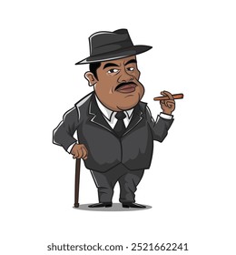 black man wearing suit and hat, Retro African American man in hat. Flat colored cartoon style portrait poster