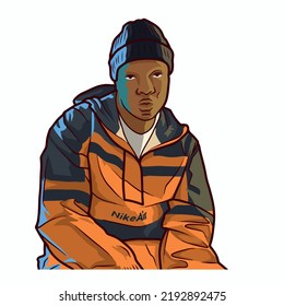 the black man wears a black orange parachute jacket and a black beanie and there is blue and yellow light from both sides