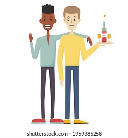 A black man and a white man celebrate their love. Gay couple in cartoon style. A happy couple of men with a bottle of wine. Vector illustration