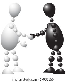 Black man and white man is shaking hands. Abstract 3d-human series from balls. Variant of colored isolated on white background. A fully editable vector illustration for your design.