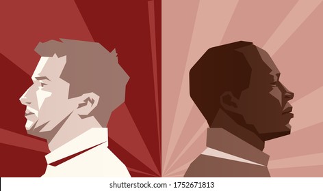 
A black man and a white man sit back to back. Black lives metter. No racism concept. Vector illustration 3D. 