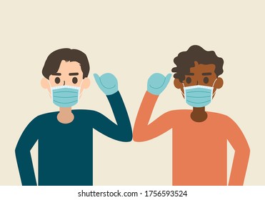 Black man and white man wearing surgical mask and greeting each other with elbows, concept for Covid-19 virus and don't be racist
