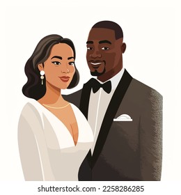 Hombre negro y mujer blanca casándose, pareja de matrimonio mixta, usando traje tradicional de boda y esmoquin, novia y novio, vacaciones, diseño para la tarjeta de bienvenida y invitación, pareja enamorada.