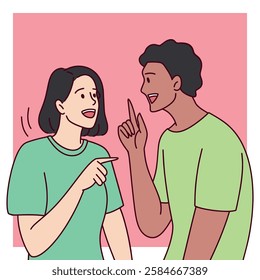 A Black man and a white woman joyfully talk and share secrets on a pink background with a white frame.