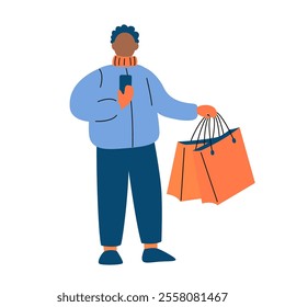 Black Man in Winter Clothing with Smartphone and Shopping Bags. Holiday Shopping Illustration