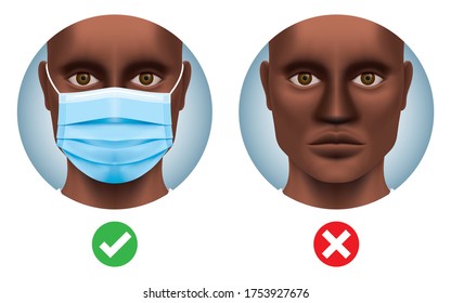 Black man with and without a surgical face mask. Covid-19 safety measures vector illustration. Corona virus restrictions design, for building entrance banner or sticker. Virus protection standards.