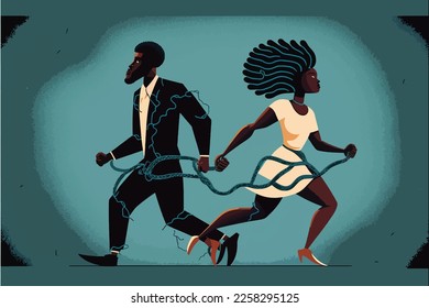 A black man and black woman break free from chains, running away, breaking free, black powerful people, anti-racism, black couple