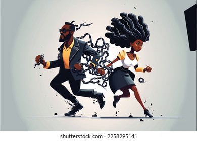 A black man and black woman break free from chains, running away, breaking free, black powerful people, anti-racism, black couple