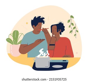 Black man and woman, couple cooking together. Husband and wife making dinner. Happy lovers at home. Flat vector illustration