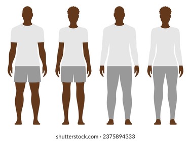 Black man and woman dressed in long and short sleeve shirts, panties, and shorts, isolated on white background. Vector set of different size underware clothing.