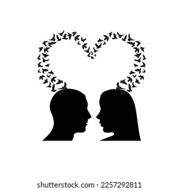 Black man and woman head silhouettes with flying birds heart isolated on white background