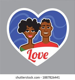 Black man and black woman in heart, inscription: love
