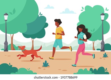 Black man and black woman jogging in the park with dog. Outdoor activity. Vector illustration