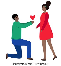 A black man and black woman are in love. Guy standing on one knee gives the girlfriend his heart, his love. African American couple in cartoon flat style. Vector illustration isolated on a white.