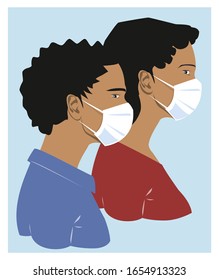 Black Man and woman with mask, concept of epidemic, infectious Wuhan coronavirus, new type SARS-CoV-2 (2019-nCoV). Flat vector illustration on preventing the spread of viral disease covid-19