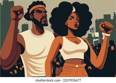 Black man and black woman at a protest rally, strong black people, seeking justice