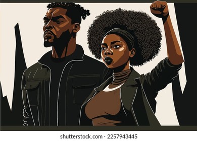 Black man and woman at a protest rally, strong black people, seeking justice, African American