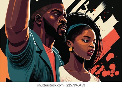 Black man and woman at a protest rally, strong black people, seeking justice, African American