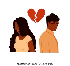 Black Man and woman in a quarrel. Conflicts between husband and wife. Depression and anxiety. Vector cartoon characters illustration. Heart broken person.