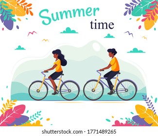 Black man and black woman riding bicycles in the park. Healthy lifestyle, sport, relax, summer time. Vector illustration