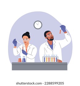 Black man and woman Scientists analysing biochemicals samples in the lab. Vector cartoon flat style illustration