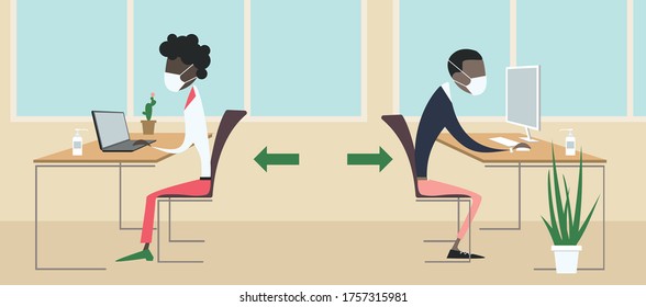 Black man and woman working with masks on their faces in a office with windows , keeping a safety distance between them. On the tables there are hydroalcoholic gels for hygiene.