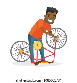 Black Man Working In The Bike Workshop And Installing Wheel. Technician Fixing Bike In The Repair Shop. Bicycle Mechanic Repairing A Bicycle. Vector Cartoon Illustration. Square Layout.