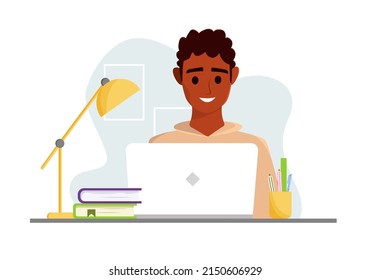 Black man working with computer. Home office concept. Student or freelancer. Male character. Vector cute Illustration in cartoon flat style.