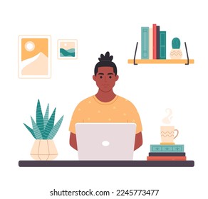 Black man working with computer. Home office, freelance, remote working, programming, customer service, online career. Vector illustration in flat style