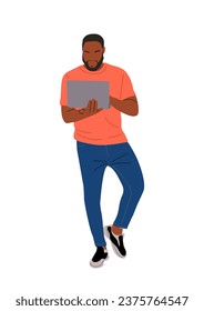 Black man working at laptop standing vector.