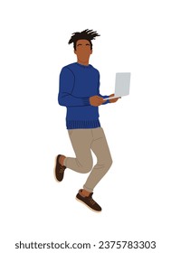 Black man working at laptop walking vector.