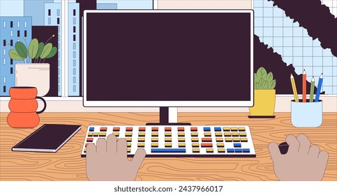 Black man working on computer 2D linear illustration concept. Blank screen monitor at workplace cartoon scene background. Office workspace with pc metaphor abstract flat vector outline graphic